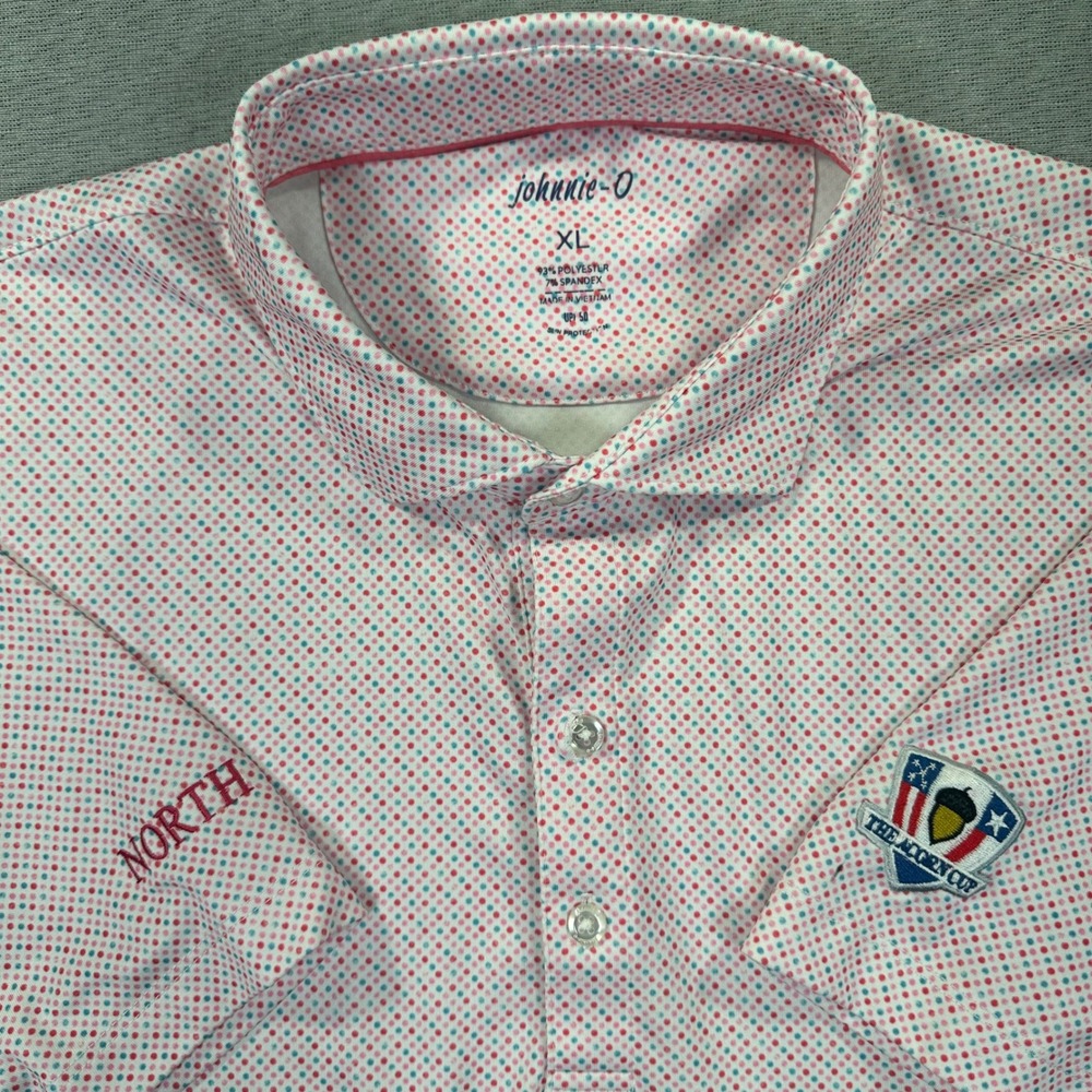 Johnnie-O Sullivan Polo Shirt Mens XL Azalea Pink Blue Dot UPF 50 The Acorn Cup